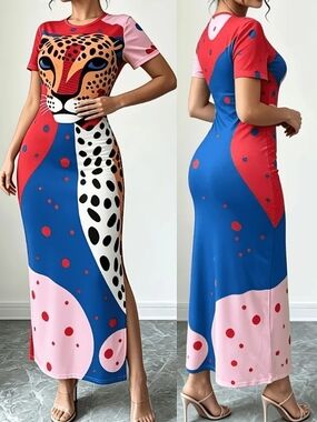 Bold Cheetah Print Colorblock Maxi Dress - Blue/Red/Pink